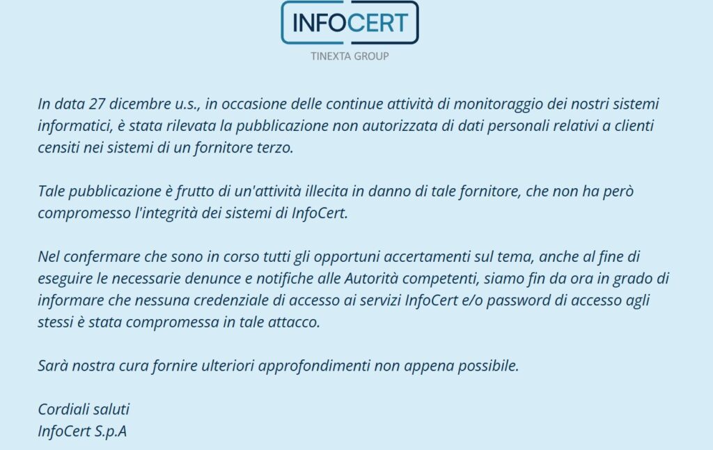 Comunicato Infocert